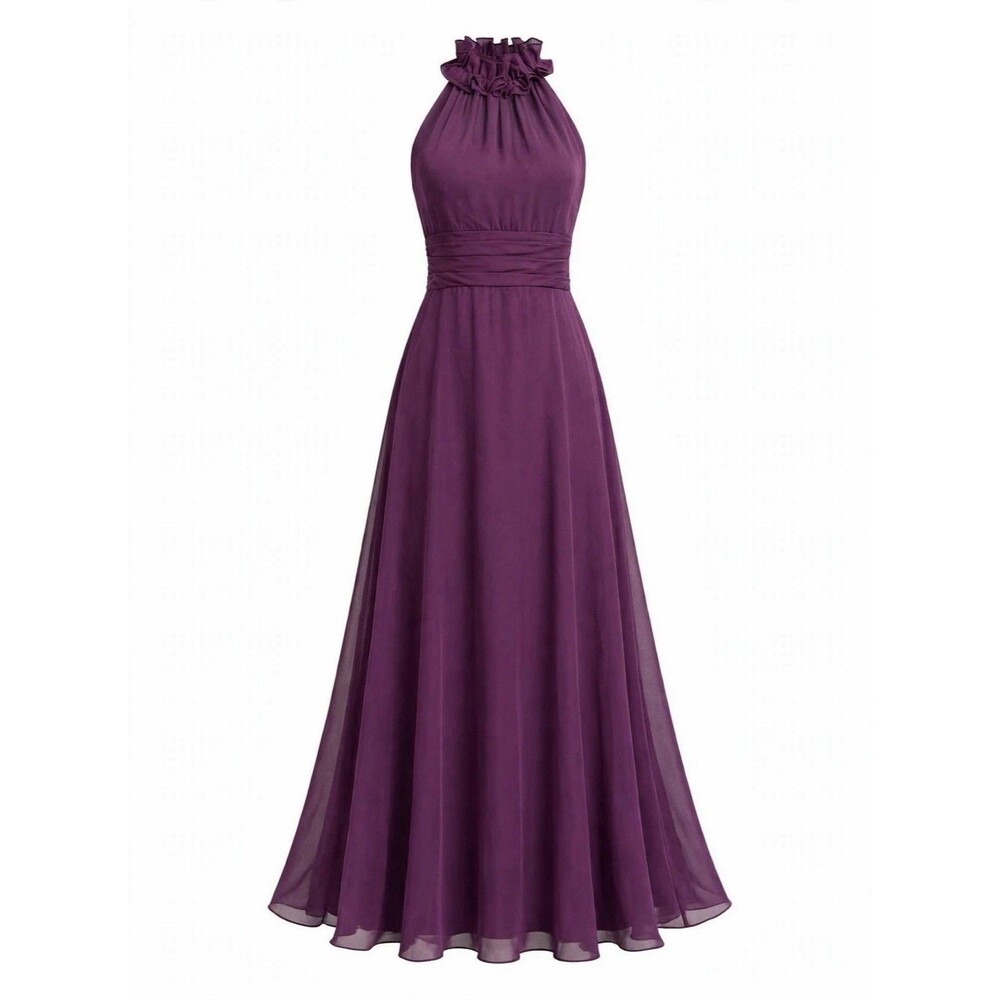 Belsoie 8 Plum Purple Halter Maxi Dress Formal Guest Ruffle Chiffon